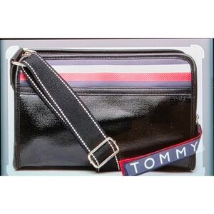 Tommy Hilfiger Black Patent Crossbody Bag with Red and Blue Accents
